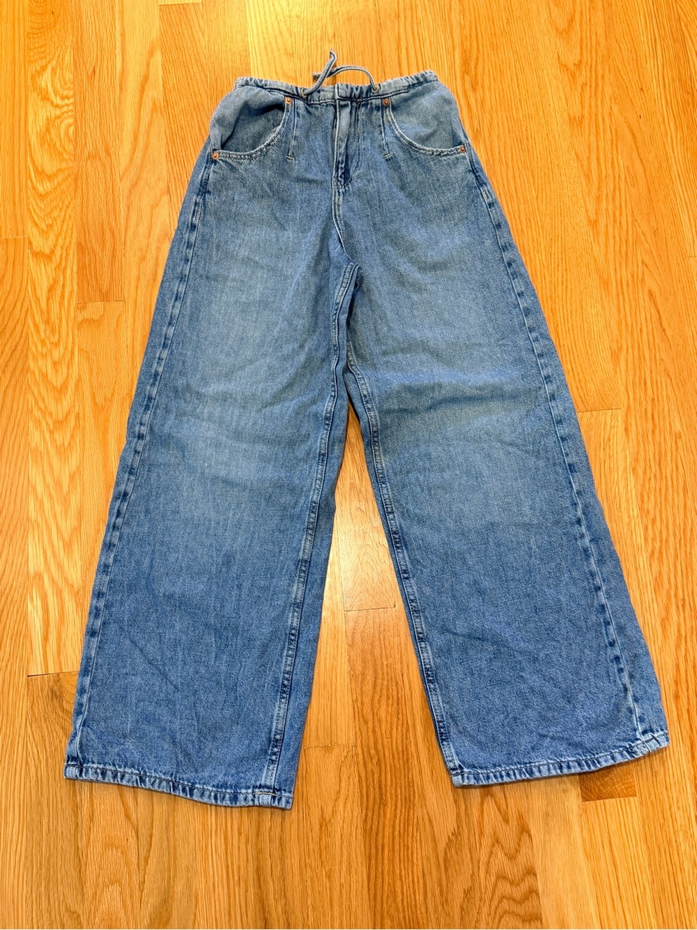 Zara Kids Wide Leg Blue Denim Jeans with Drawstring Waist - Size 11/12